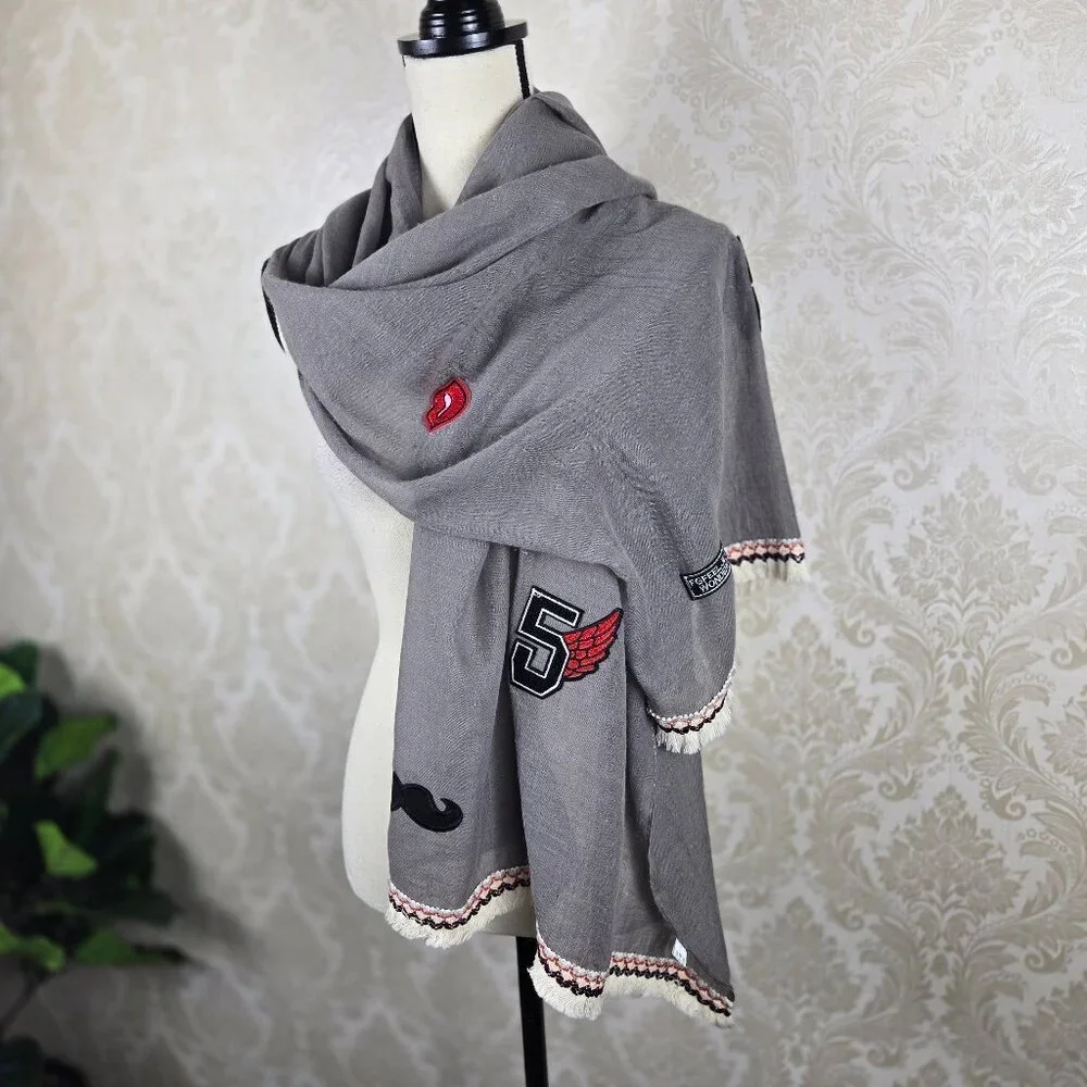 Gray Scarf with White Fringed Ends Assorted Colorful Patches